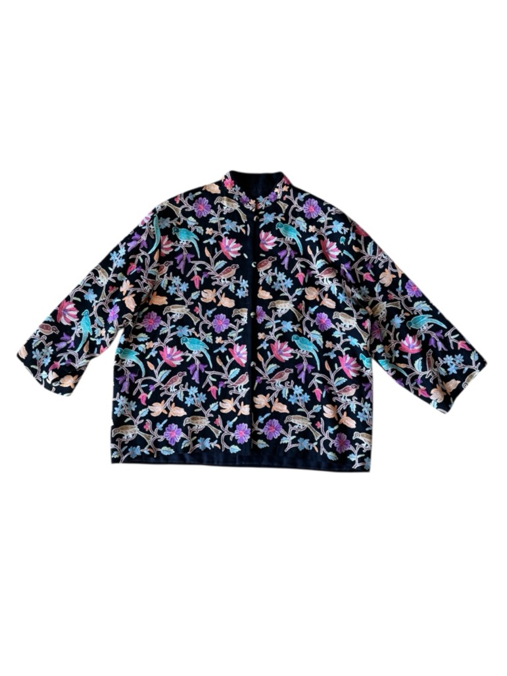 Hand Embroidered Jacket Birds Floral Button Down Black Lined